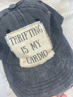 Handmade Distressed Grey Baseball Cap with 'Thrifting Is My Cardio’